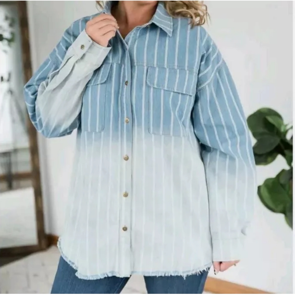 Oversized Baggy Denim Shacket Shirt Jacket Ombre Blue Striped Raw Hem
